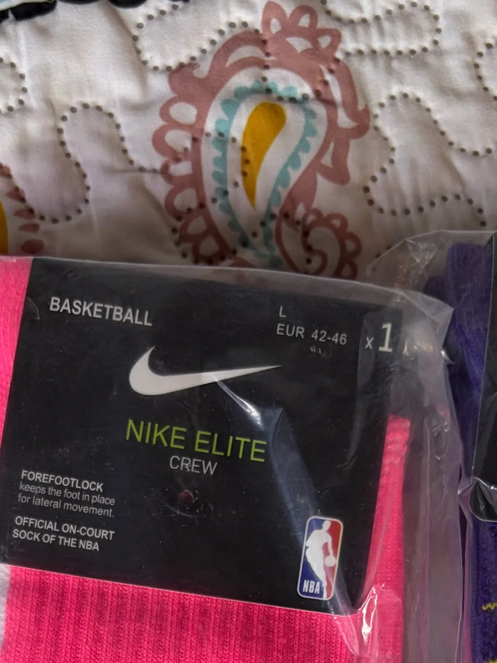 NBA Nike Elite Crew Socks - White, Pink, Yellow & Purple Accent